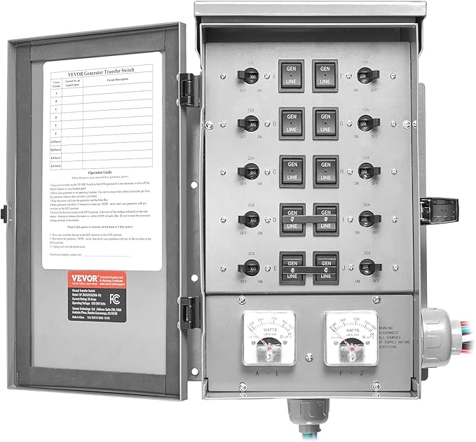 VEVOR Manual Transfer 50-Amp 10-Circuit Prewired Generator Transfer Kit with CS6375 Plug Power Inlet Box Double-Throw NEMA 3R Mechanical Watt Meter for 12500W Generators