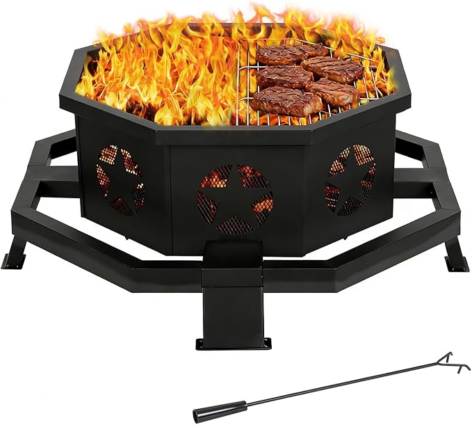 Hykolity 31 Inch Fire Pit Octagonal Outdoor Fire Pit 2 in 1 Wood Burning Fire Pits with Cooking Grill Smokeless FirePit for Outside Bonfire Patio Backyard Camping