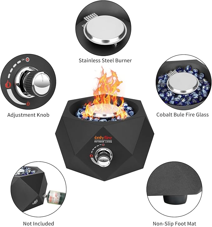 ONLYFIRE OUTDOOR LIVING 14” Modern Tabletop Gas Fire Pit Portable Firepit Works with 1lb Propane Gas for Patio Backyard Porch Camping RV Tailgating Side-Mounted FP004
