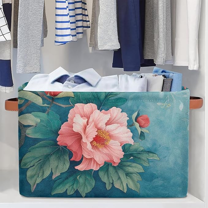Pardick Basket Storage Bins Flower Floral Teal Rectangle Cube Basket Box Kids Girls Boys Toys Organizer Beaket Decor Foldable with Handle for Living Room Bedroom Closet Nursery Office Shelf Gifts