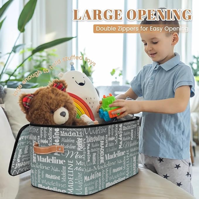 Custom Storage Basket with Name Personalized Keepsake Box with Zipper Lid Foldable Fabric Memory Bin Large capacity with Handle Gradient Grey Green