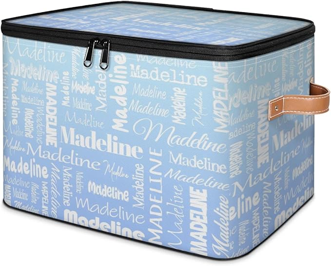 Custom Storage Basket with Name Personalized Keepsake Box with Zipper Lid Foldable Fabric Memory Bin Large capacity with Handle White Blue