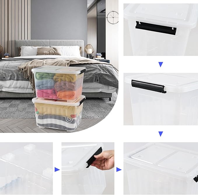 30 L Clear Plastic Storage Bin with Wheels Lidded Latching Box 4 Pack
