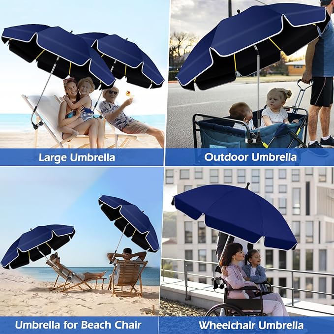 2PACK 48.8 inch Large Beach Umbrella with Clamp Sun Shade for Beach Chair360°Adjustable UV Protection Golf Umbrella with Clip for Outdoor Stroller Wheelchair Camping Chair