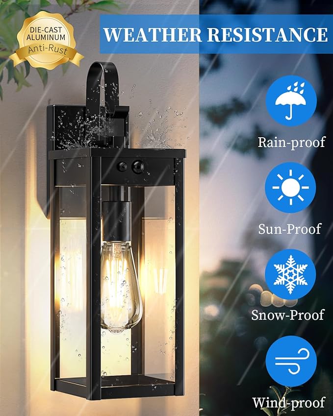 17'' Solar Porch Lights Outdoor 2 Packs Waterproof Motion Lights for Outside Black Dusk to Dawn Outdoor Lighting Modern Wall Sconce Lantern Exterior Lighting Fixtures for House Patio Garage