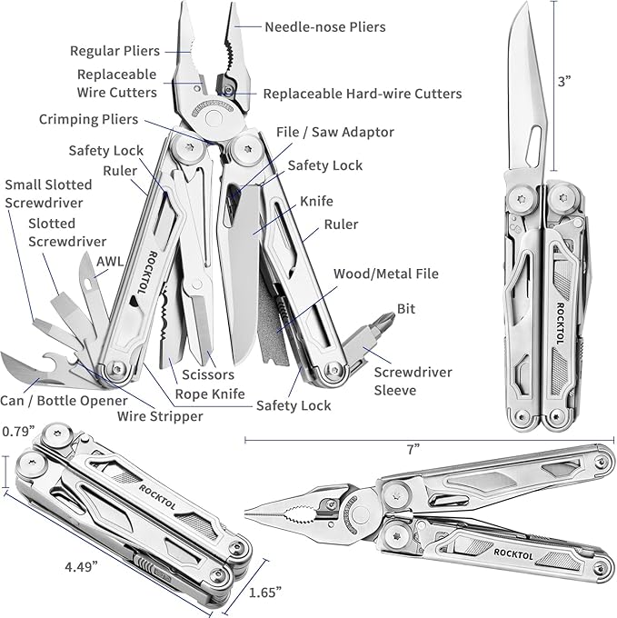 ROCKTOL Multitool 29-in-1 Multitool Pliers with Replaceable Wire Cutters and Saw Heavy-duty Stainless Steel Multi-tool Set and Nylon Sheath for Camping Survival multi tool for Man