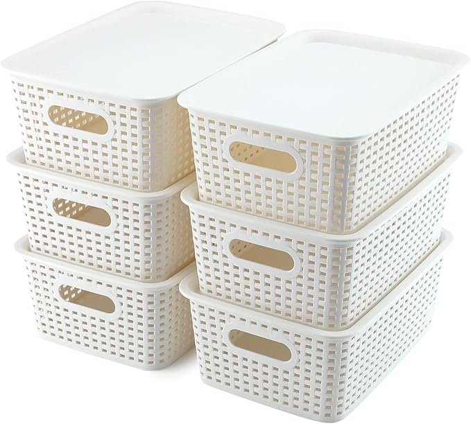AREYZIN Plastic Storage Baskets With Lid Organizing Container Lidded Knit Storage Organizer Bins for Shelves Drawers Desktop Closet Playroom Classroom Office White 6 Pack