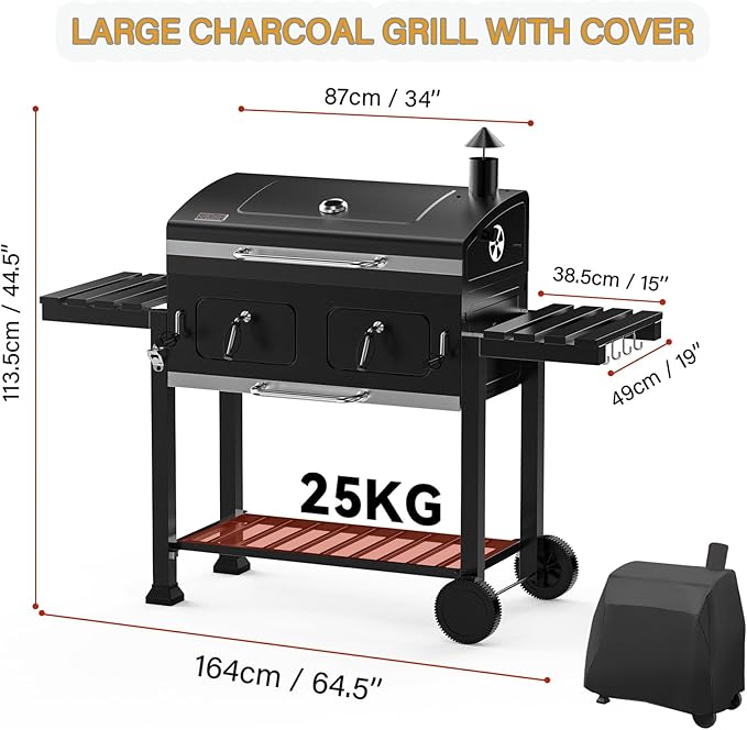 ONLYFIRE GRILLS Large BBQ Charcoal Grill with Cart &amp 2 Liftable Charcoal Trays 794 SQ.IN Cooking Area Heavy Duty Outdoor Barbecue Grill with Foldable Side Tables Wheels &amp Cover GS339