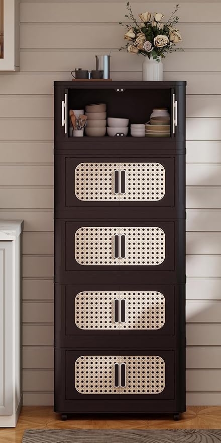 5 Tiers Stackable Storage Bin with Doors and Wheels Collapsible Storage Containers &amp Closet Organizer Bins for Clothes Magnetic Door Heavy Duty Plastic (Brown)