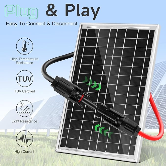 Solar Panel Extension Cable 20Ft 10AWG Waterproof &amp Tinning Male to Female Solar Extender Cord for Photovoltaic Systems （20FT Red +20FT Black