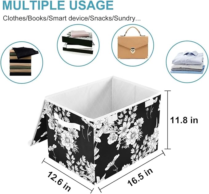 CaTaKu Large Fabric Storage Bins With LidsBlack and White Flower Storage Boxes With Handles for Organizing Clothes Collapsible Storage Cube Bins Baskets for Shelves