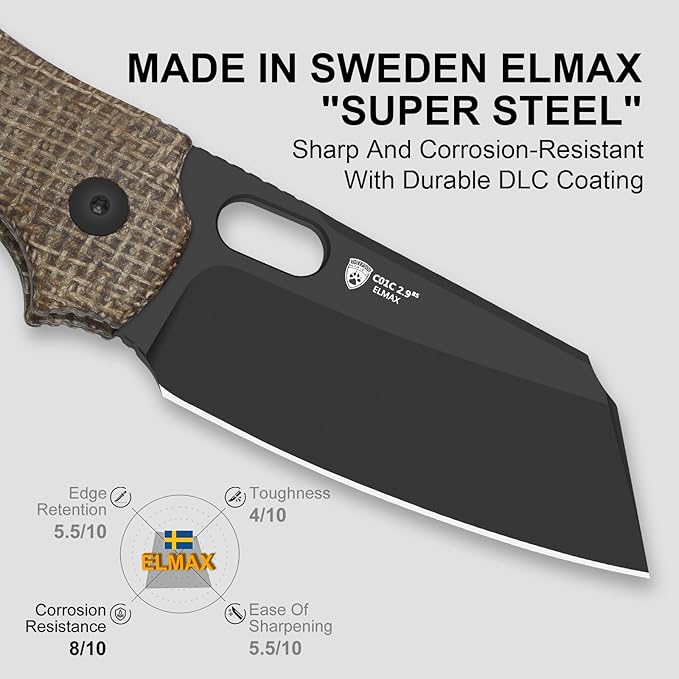 Kizer C01C 2.9 BS Sheepdog Pocket Knife 2.95 Elmax Sheepsfoot Blade Folding Knife with Brown Norplex UltreX™ Micarta Handle Small EDC Camping Survival Knives with Thumb Hole Ki3488.29BSA2