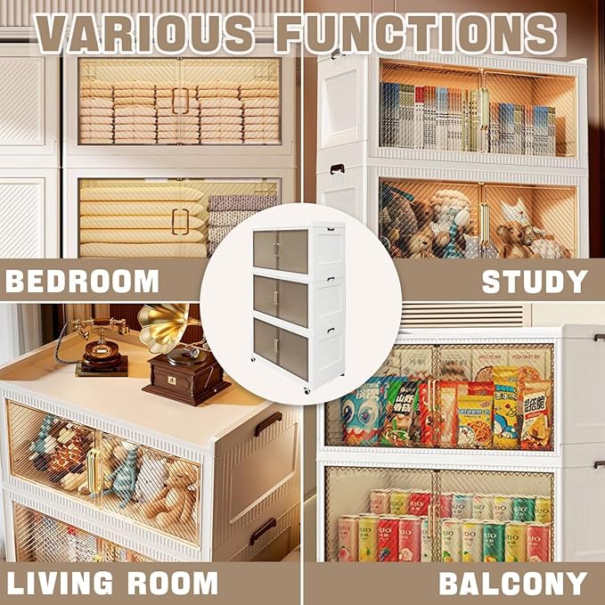 472QT Stackable Storage Bins with Lid118Gal Closet Organizers and Plastic Cabinets Shelves Collapsible Drawers with PET Clear Doors Foldable Boxes with Wheels for Home Office 3Pack