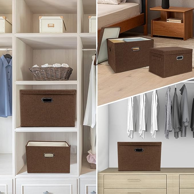 DAYARD Foldable Storage Boxes with Lids Linen Fabric Stackable Storage Bins Organizer Containers Baskets Cube with Cover for Closet Office Nursery Coffee XL (20 x 14 x 12)