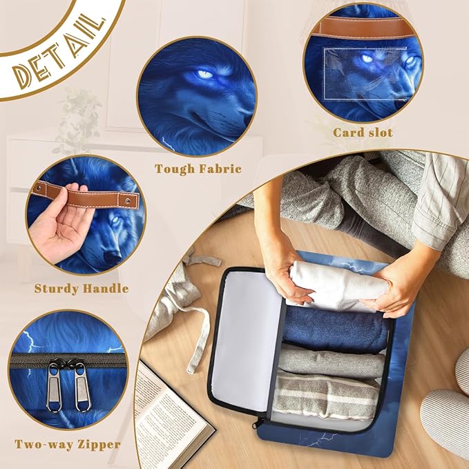 Blue Wolf Storage Box with Lid Wild Animal Collapsible Storage Bins Baskets Cubes Closet Shelf Clothes Organizer Containers with PU Leather Handles