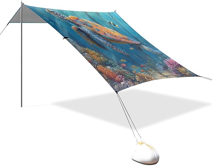 ALAZA Sea Turtle Ocean Coral Beach Tent Sun Shelter UPF50+ Protection Beach Shade Canopy w/ 4 Sandbags for Outdoor Camping Fishing Backyard Fun Picnic 10x9 ft