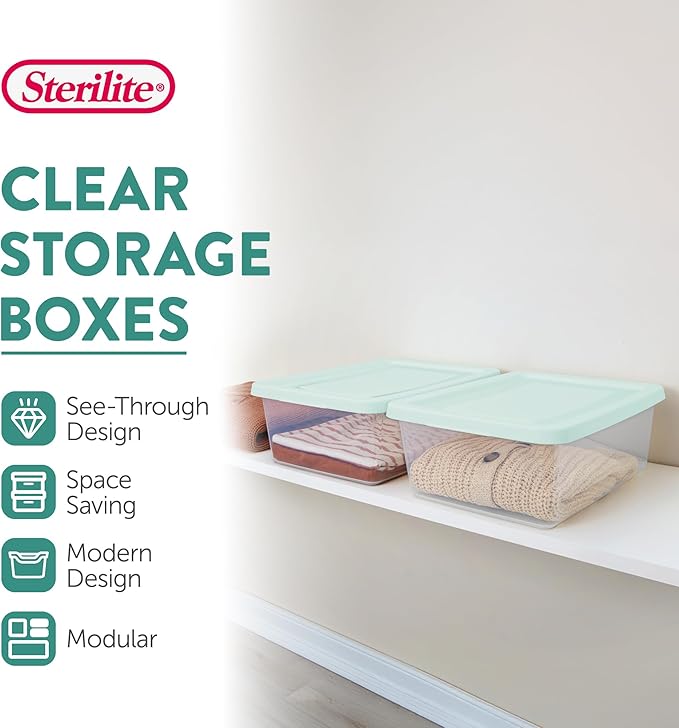 Sterilite 36 Pack Storage Boxes Clear Plastic Stackable Containers Lightweight Home Organizers with Snap Lids 12 Quart Mindful Mint