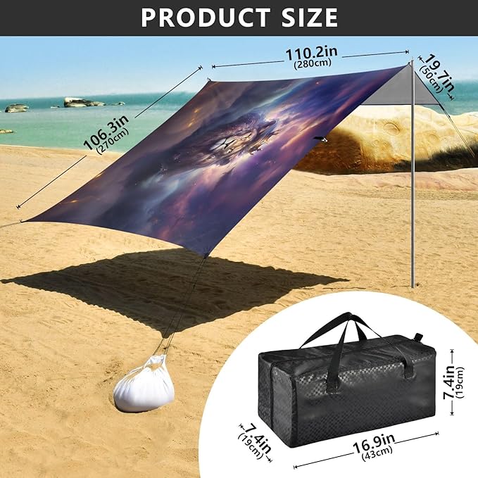 ALAZA Lion in Nebula Beach Tent Sun Shelter UPF50+ Protection Beach Shade Canopy w/ 4 Sandbags for Outdoor Camping Fishing Backyard Fun Picnic 10x9 ft