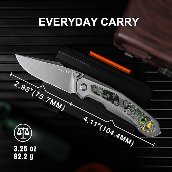 Kizer Feweed Pocket Knife 2.98 S90V Clip Point Blade Folding Knife with Titanium &amp Fat Carbon Toxic Storm Handle Front Flipper &amp Thumb Stud Opener EDC Knives for Camping Hiking KI3694A2