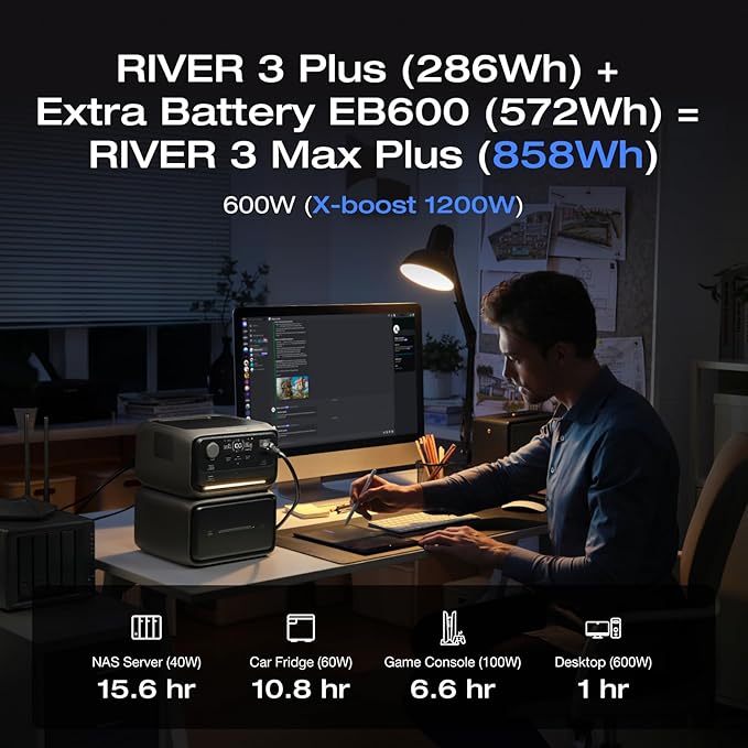 EF ECOFLOW River 3 Plus Portable Power Station Extra Battery EB600 572Wh Expansion LiFePO4 (LFP) Battery with 10-Year Lifespan Built-in 140W USB-C Port for Charging/Discharging Use Independently