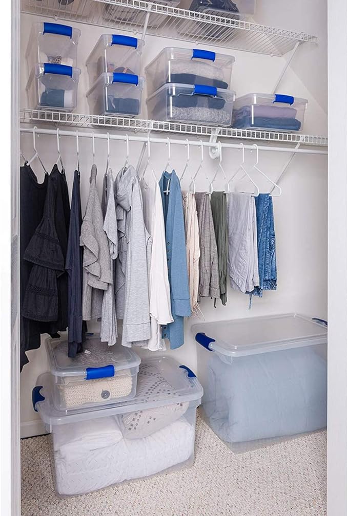 HOMZ 12-Pack Secure Latch Clear Plastic Storage Organizer Bins 15.5 Quart Blue - Stackable Container Boxes for Bedroom Bathroom Garage and Office Organization