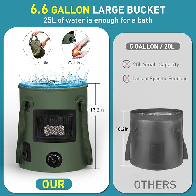Portable Camping Shower Pop Up Shower Privacy Tent Kit with LED Lights 4500mAh Rechargeable Shower Pump Filtered Shower Head &amp 7.4 Gallons Foldable Bucket Outdoor Shower for Hiking Beach Trav
