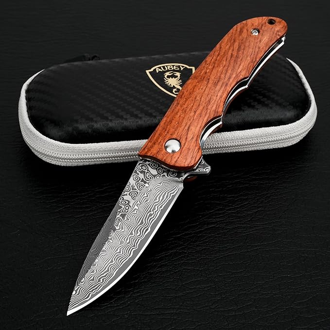 AUBEY Damascus Pocket Knife with VG10 Core Wooden Handle EDC Folding Knives for Men Outdoor Camping Collection Gift