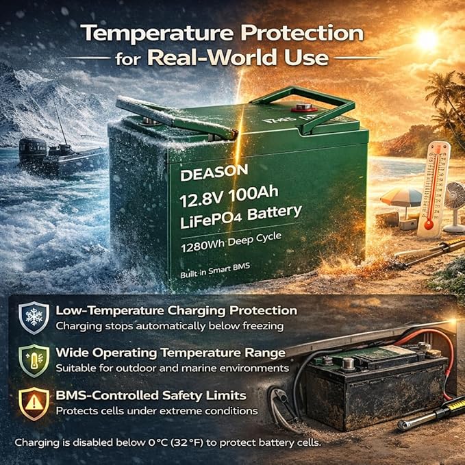 12.8V 100Ah LiFePO4 Battery 1280Wh Deep Cycle Lithium Battery for RV Marine Solar &amp Trolling Motor Built-in 100A BMS Protection Low-Temp Charge Cutoff Lightweight Lead-Acid Replacement