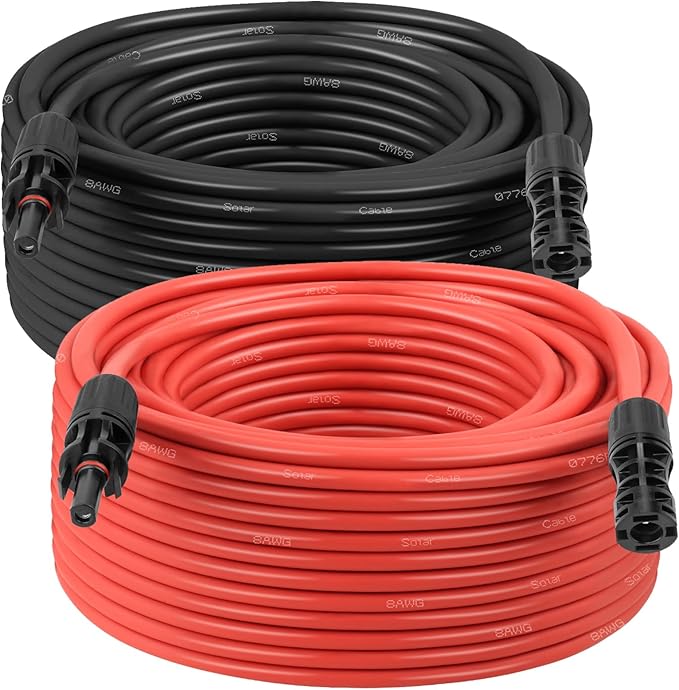 Solar Panel Extension Cable - 8AWG 100FT Solar Wire with Female &amp Male Waterproof Connector PV Wire for RV Photovoltaic Systems Home Boat Solar Panels Car(100 Feet Red + 100 Feet Black)