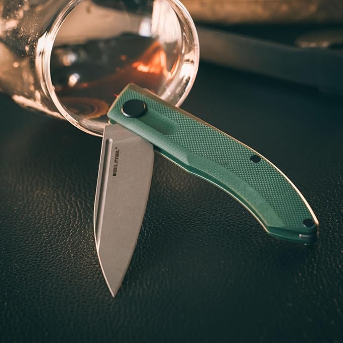 Real Steel Stella Slipjoint Folding Knife - 2.95 Grey washed VG-10 Blade G10 Textured Grip - Camping Hiking Daily Cutting - EDC Knife for Men and Women - Green