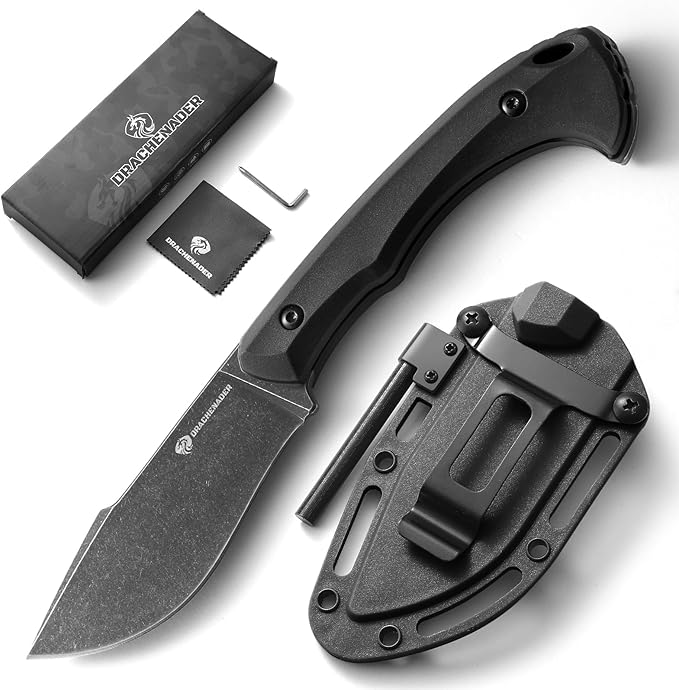 DRACHENADER Survival Knife with Fire Starter L-Y 7.68 Tactical Small Fixed Blade EDC Knife for Men Full Tang Stonewashed Black Blade &amp Black Handle