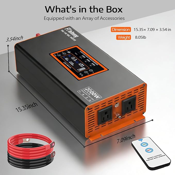 2000W Pure Sine Wave Power Inverter Car Power Inverter 12V to 120V AC Converter with Remote Cable LCD Display 2AC+3USB Type-C Port Surge 4000W for Camping Emergency Vehicles Truck RV