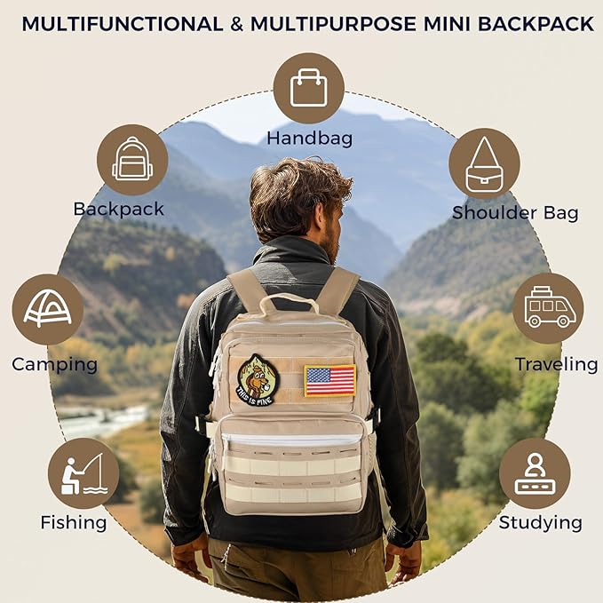 9L Mini Tactical Backpack for Men WomenSmall Military Tactical Backpack for SportGymHikingTravelCamping (Beige)