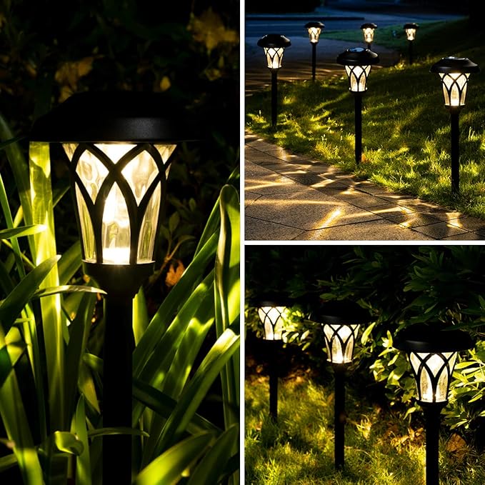 GIGALUMI 6 Pack Solar Pathway Lights Outdoor Metal Glass &amp ABS Solar Landscape Lights Waterproof IP65 Warm White Solar Powered Garden Lights for Yard Patio Walkway Driveway (Black)