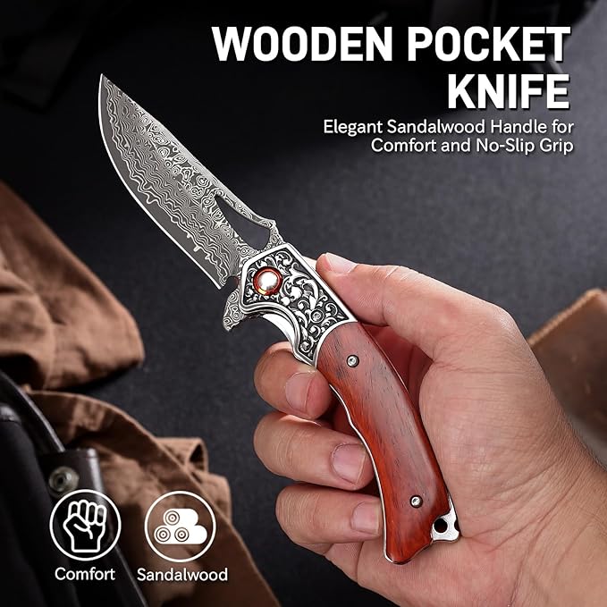 Damascus Pocket Knife for Men Wooden Handle and Sharp Damascus Steel Blade Folding Knives for EDC Camping Hiking Outdoor Collection