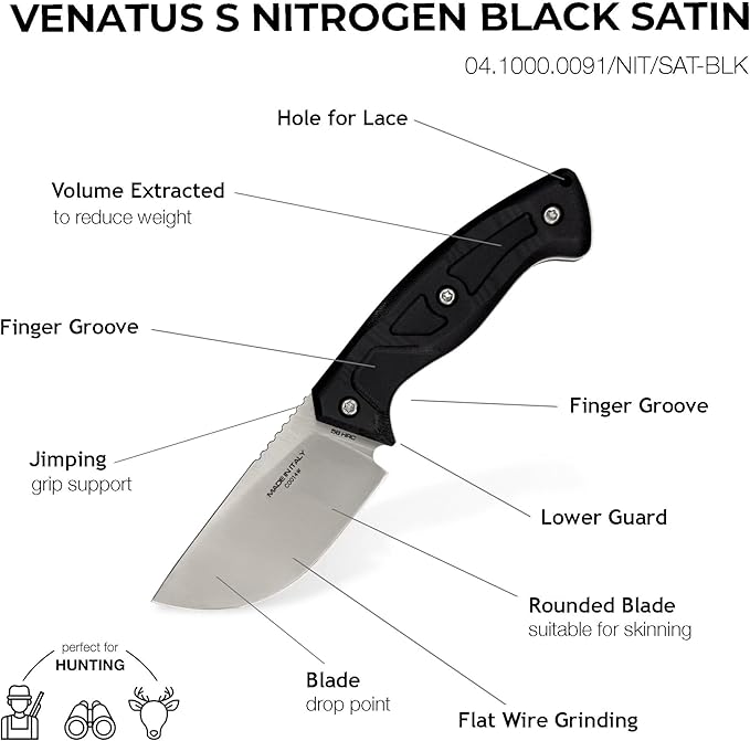 Extrema Ratio - Venatus S (Nitrogen Black Satin) Fixed Blade Knife Nitrogen Steel Satin Finish Full Tang Construction Walnut/G10 Handle Ambidextrous Leather Sheath