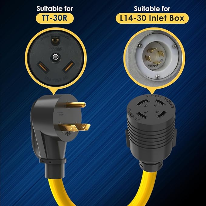 Generator Transfer Switch Adapter Cord TT-30 RV 30Amp to L14-30 Flexible with Ergonomic Handle 30 Amp 3 Prong to 4 Prong 10 AWG Generator Plug Adapter RV Generator Plug to Inlet Box 1FT