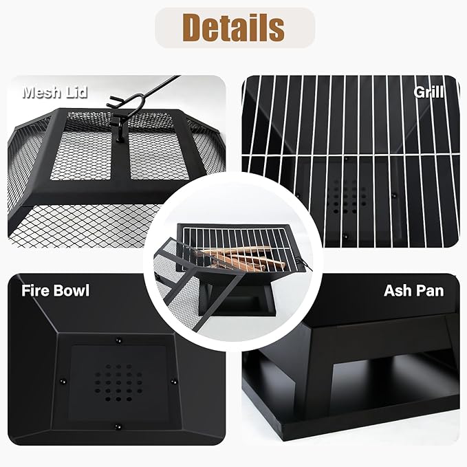19.8inch Portable Small Fire Pit with a Removable Ash Pan Fire Poker Mesh Lid 2 in 1 Square Outdoor Fireplace for BBQ Outside Heating Bonfire Party Camping Backyard Patio RV Trip