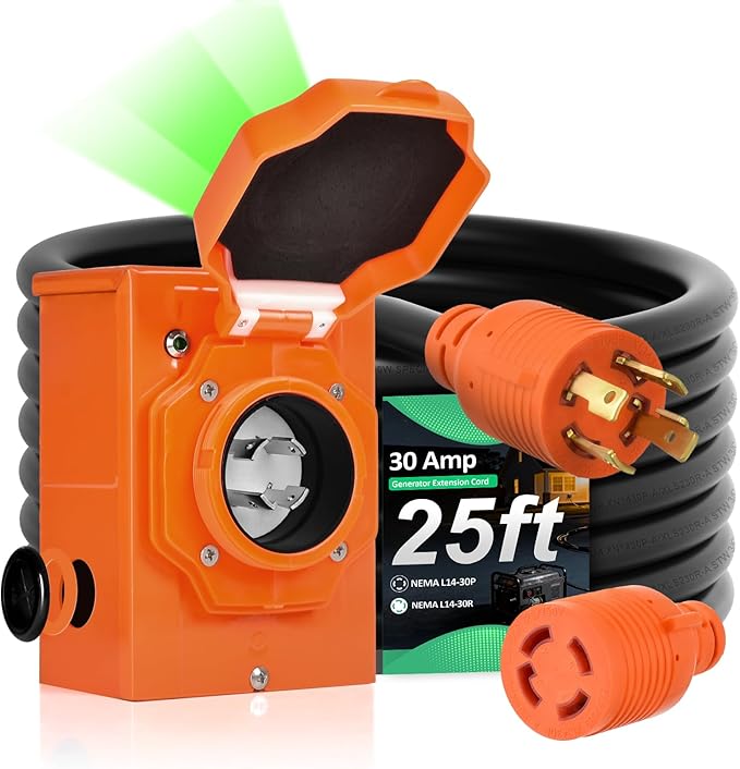 H HZXVOGEN 30 Amp Generator Cord and Power Inlet Box Kit 25FT RV Extension Cord NEMA L14-30P/L14-30R STW 6/3+10 AWG Power Cord with Pre-Drilled Generator Inlet Box Twist Lock Connector UL&ampETL Li