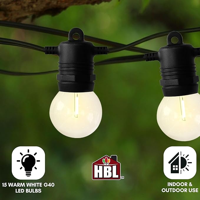 Holiday Bright Lights Belle Luci G40 String Lights 15-Bulb Set 15FT Bistro LED Bulbs Warm White with 12-Inch Spacing for Outdoor Patio