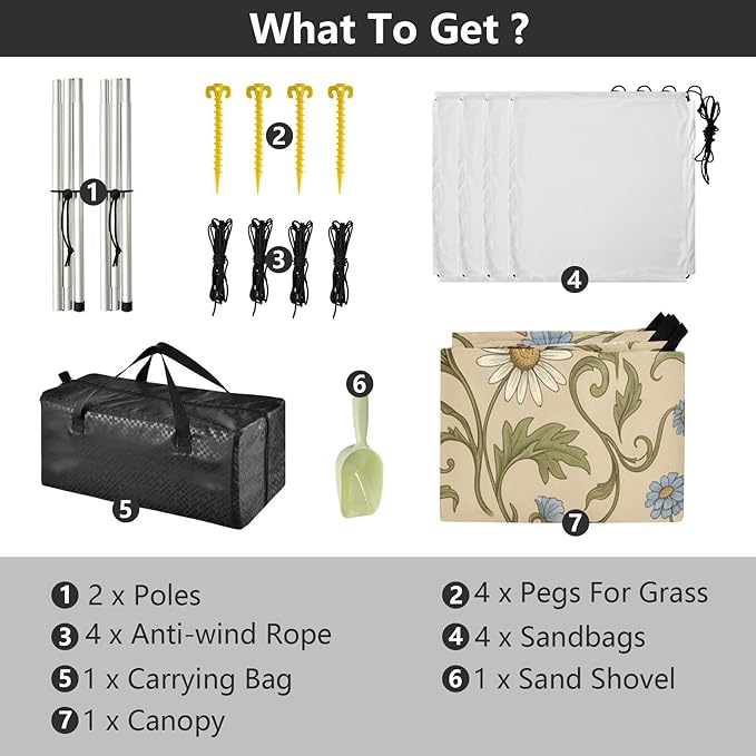 xigua Wildflowers Beach Tent Sun Shelter with Carrying Bag - Silver Coated Oxford Fabric Beach Canopy for Beach Camping Fishing - Includes Windproof Ropes Sandbags &amp Stakes