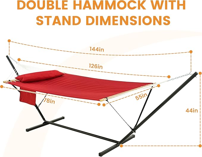 Lazy Daze Hammocks 2 Person Portable Hammock with 12FT Stand for Outside Quilted Double Hammock with Spreader Bar and Detachable Pillow 450lbs Capacity Perfect for Outdoor Patio Burgundy