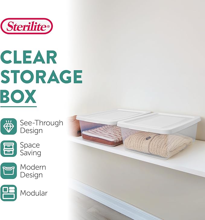 Sterilite 30 Pack Storage Box 12 Quart Stackable Tote Clear Plastic Container with Secure Snapping Lids for Home and Office Organization White