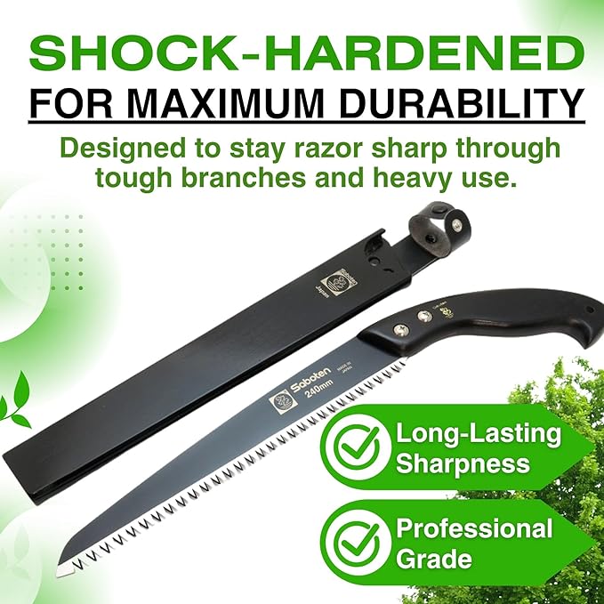 Saboten Japanese Pruning Saw 9.4 in (240mm) – Fluorine-Coated High-Carbon Steel Blade 7.5mm Tooth Pitch Smooth Pull Cuts Wooden Handle Wood Sheath Included Made in Japan