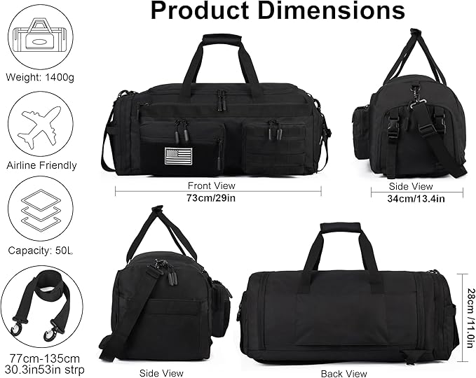 LHI 50L Tactical Duffle Bag for Men 3-in-1 Gym Duffle and Backpack Shoe Compartment Laptop Sleeve and MOLLE Carry-On Travel Weekender and Overnight Bag – Black