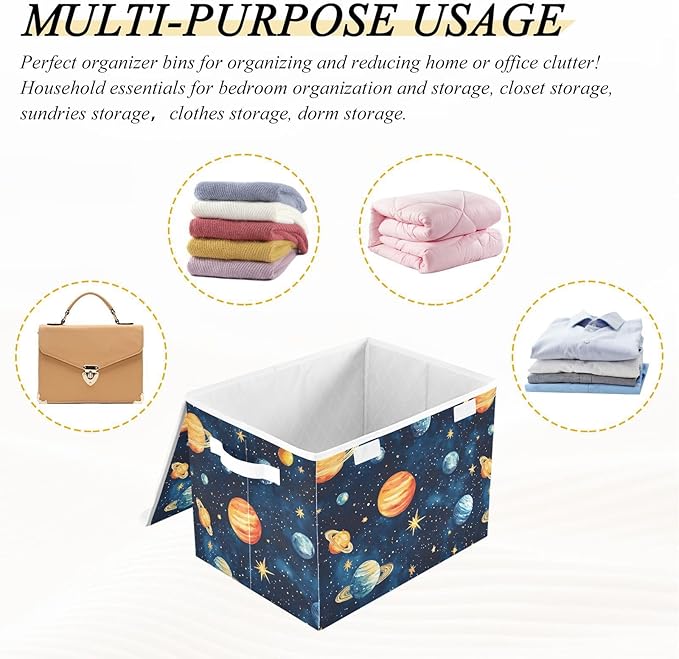 AIXIWAWA Lidded Storage Cube (Watercolor Planets) Fabric Foldable Closet Bins with Flip Lid and Handles Organizer Basket Container 16.5 x 12.6 x 11.8 IN