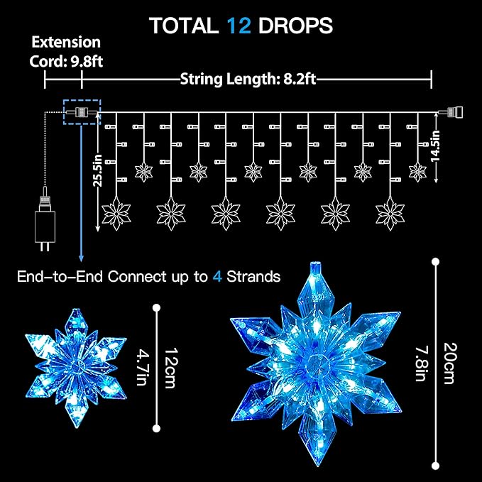 Snowflake Icicle Lights Outdoor 8.2ft 144 LED Connectable Xmas Hanging String Light Plug in Christmas Snowflake Lights for House Eaves Window Roof Yard Fence Decor White and Blue