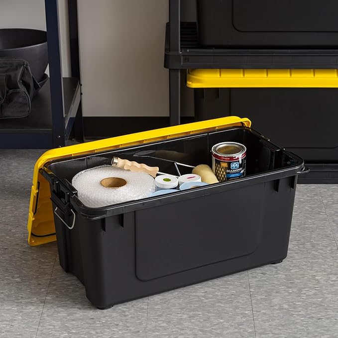 IRIS USA WeatherPro 21 Gallon Lockable Storage Bins with Lids 4 Pack - Made in USA Heavy Duty Stackable Containers Garage Organizing Tubs Rugged Sturdy Equipment Utility Box - Black/Yellow