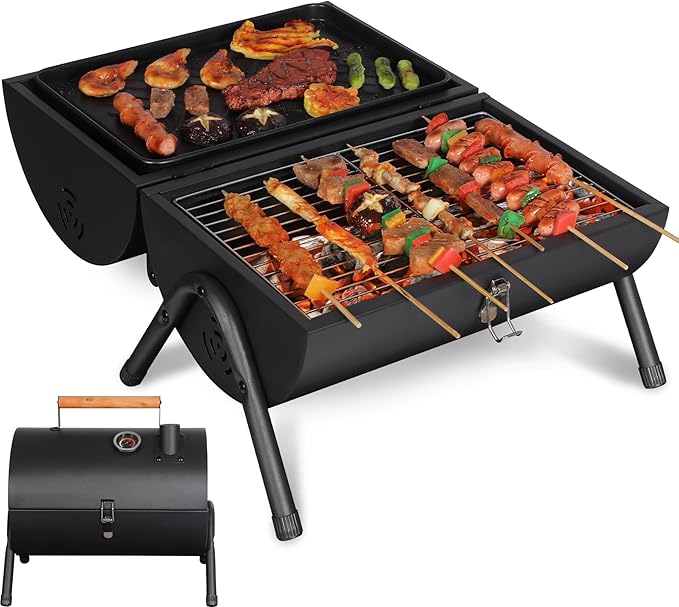 REDCAMP Portable Charcoal Grill with Thermometer Heavy-Duty Thick Steel &amp Foldable Design Compact Small Tabletop Barbecue Grillfor Camping Backyard Beach - Easy Assembly Dual Grilling Zones