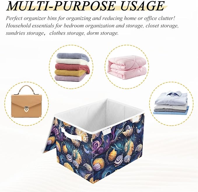 Fantastic Sea Shells Storage Cube Bins Basket with Lid Collapsible Flip-top Fabric with Handle for Home Bedroom Closet Office 16.5×12.6×11.8 in